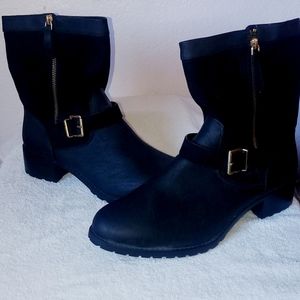 Charles by Charles David black leather and suede boots with gold buckle Size 11